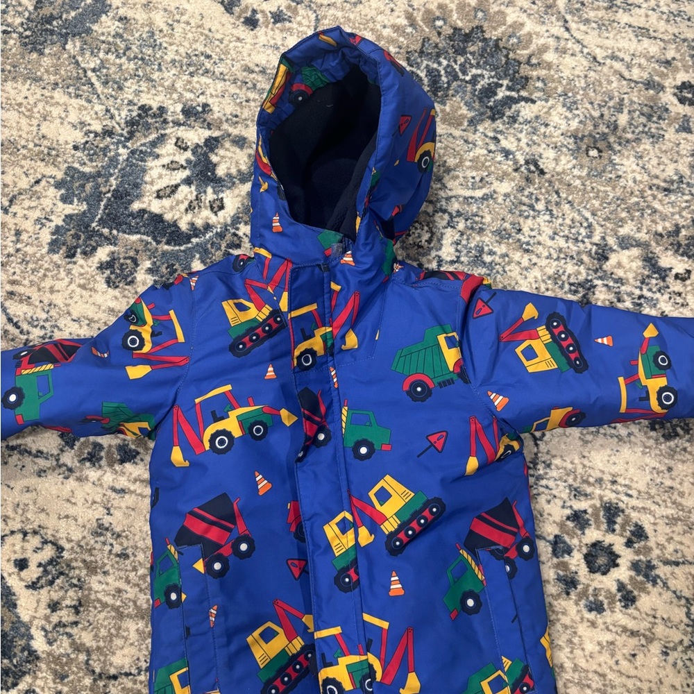 The Children's Place Blue Hooded Snowsuit with Colorful Construction Trucks